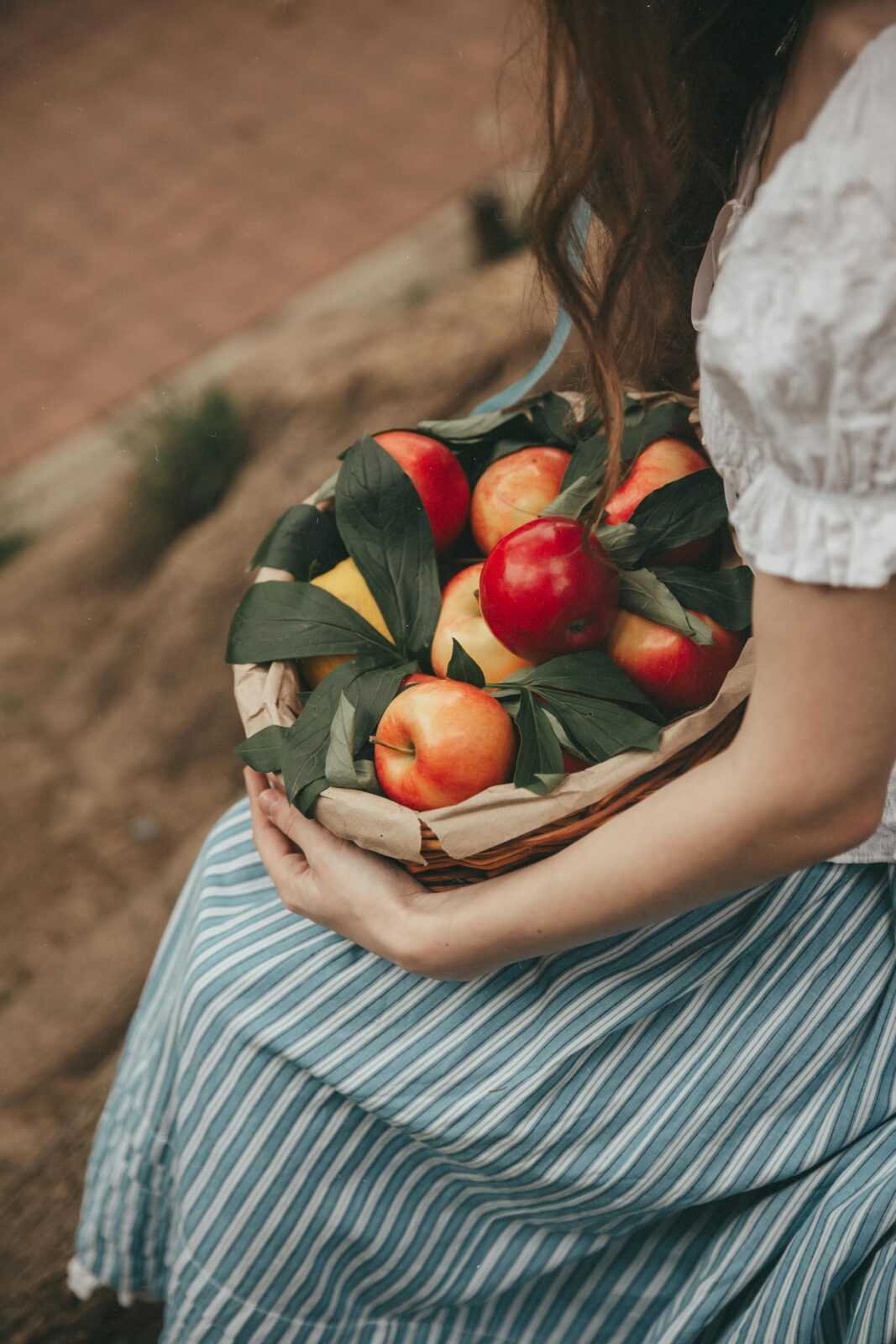 A woman sitting outdoors holding a basket of fresh red apples, evoking a sense of pastoral tranquility.